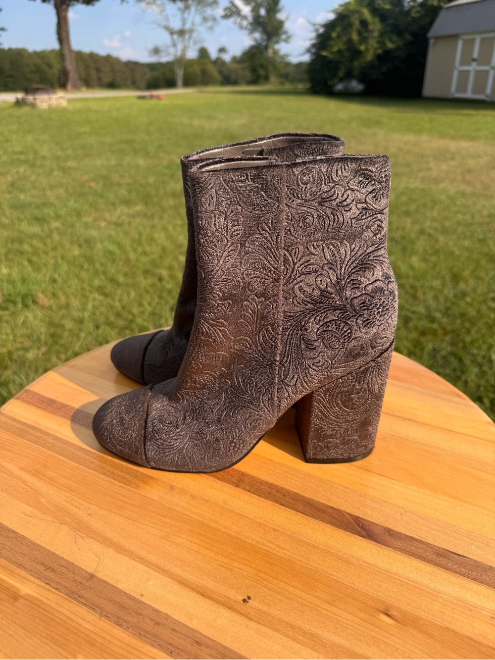 Marc Fisher Embossed Dark Brown Block Heel Ankle Boots